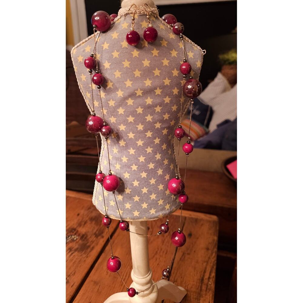 Vintage 24" Burgundy Beaded 24" Necklace and Earrings